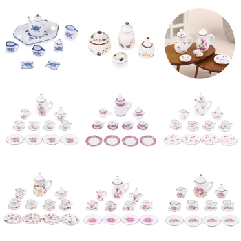 1 комплект 1: 12 Кукольный миниатюрный Керамический Чайный сервиз, Чашка, Чайник С подносом, Цветочная посуда, модель декора кухни в кукольном домике своими руками Изображение