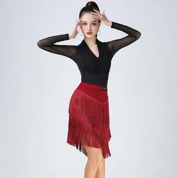 1 шт./лот, женская юбка для латиноамериканских танцев с кисточками, женская однотонная лоскутная юбка для ча-ча-танго с бахромой Изображение