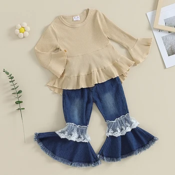 2 шт., одежда с длинными рукавами для маленьких девочек, Рубчатое вязаное платье-рубашка с нерегулярными оборками, Кружевные расклешенные джинсовые комплекты Изображение