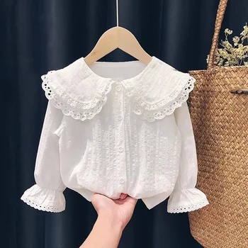 2023 Весенне-осенняя тонкая белая блузка для девочек, блузка с длинными рукавами, рубашки, Корейская детская одежда, рубашки Изображение