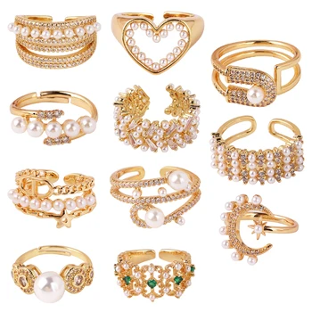 25 Стильных роскошных колец с цирконом для женщин, Т-образное Золотое кольцо с имитацией жемчуга, Открытое кольцо, Свадебные украшения Изображение