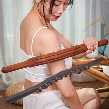 31 Бусина, Деревянная палочка Гуа Ша, массажный ролик для тела, Ручной массажер от целлюлита на животе для облегчения боли в спине, инструменты для деревянной терапии Изображение