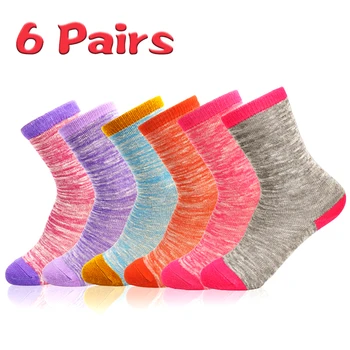 6 пар полосатых хлопчатобумажных носков для детей - Дышащие хлопчатобумажные носки для девочек (1-14 лет) Изображение