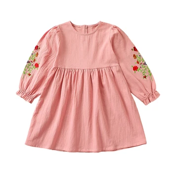 Bmnmsl Осеннее платье для маленьких девочек с цветочной вышивкой, длинным рукавом и круглым вырезом, Теплая одежда для малышей Изображение