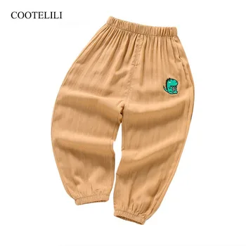 COOTELILI/ брюки с динозавром для мальчиков, летние хлопковые льняные повседневные брюки с цветочным принтом для девочек, брюки для девочек, детская одежда Изображение