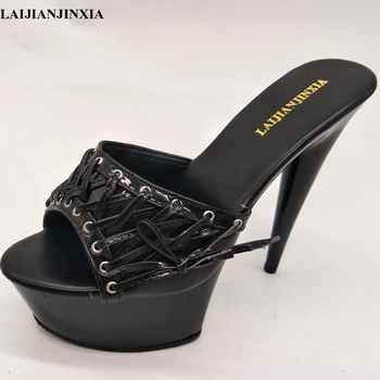 LAIJIANJINXIA/ новинка, модель с верхом из искусственной кожи 15 см/ 6 дюймов, пикантные экзотические вечерние женские тапочки на платформе и высоком каблуке, обувь для танцев на шесте H052 Изображение