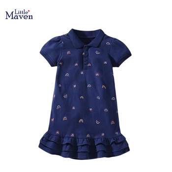 Little maven/ Платье для девочек Rainbow для детей, Платья-поло с отложным воротником для девочек, Школьный костюм для детей 2-7 лет, Детская одежда Изображение