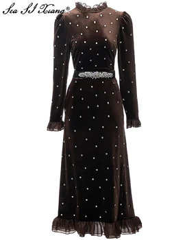Seasixiang Модное дизайнерское Весеннее бархатное платье Для женщин с круглым вырезом и длинным рукавом, пояс со стразами, Винтажные платья Изображение
