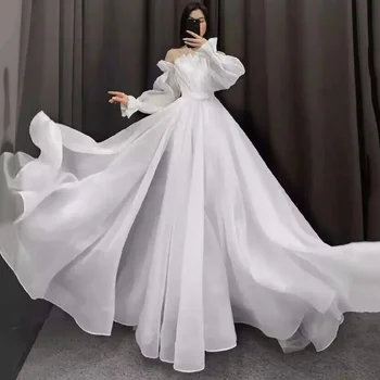 Vestidos de Noiva Branco Элегантные Белые Свадебные Платья 2024 Плиссированные Свадебные Платья Из Органзы С Пышным Длинным Рукавом Платье Невесты на шнуровке Изображение