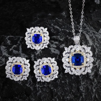 WPB Комплект ювелирных изделий премиум-класса, женское ожерелье с синим цветком, Серьги, кольца, женские роскошные украшения, яркий дизайн, подарок для девушки, леди Изображение