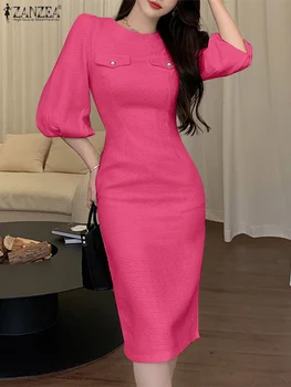 ZANZEA, Корейское модное платье-футляр, Женское облегающее платье длиной до колен с пышными рукавами, Элегантное вечернее платье с круглым вырезом, сексуальные халаты с талией Изображение
