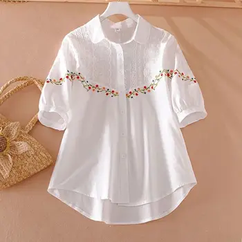 Белая хлопковая рубашка вышитая женская летний новый этнический стиль свободные универсальное сочетание моды Поло рубашка с коротким рукавом  Изображение