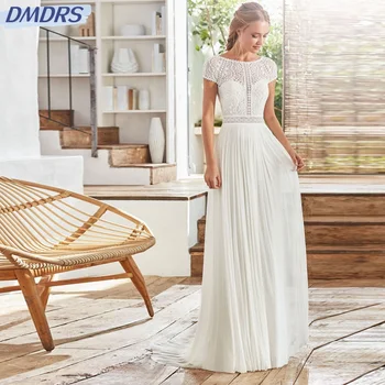 Богемное платье в пол с круглым вырезом для невесты, Изящное Свадебное платье с обычным рукавом, Элегантное простое платье Vestidos De Novia Изображение