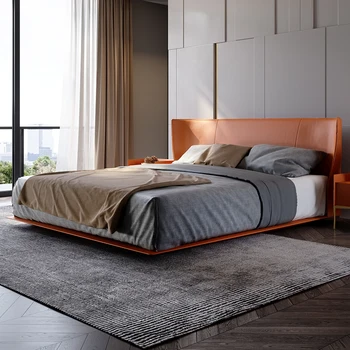 Главная итальянская минималистская плавающая кровать 1,8 м седло из воловьей кожи минималистичная главная спальня роскошная двуспальная свадебная кровать Изображение