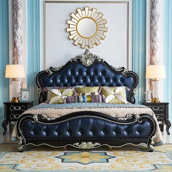 Двуспальная кровать в европейском стиле из резной кожи черного дерева длиной 1,8 м, Большая американская спальня Джейн, Европейская свадебная кровать Изображение