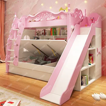Двухъярусная кровать Girl Princess Castle Высокая Низкая Розовая Универсальная Лестница Место для хранения Мультяшной мебели для спальни Деревянная кровать Изображение
