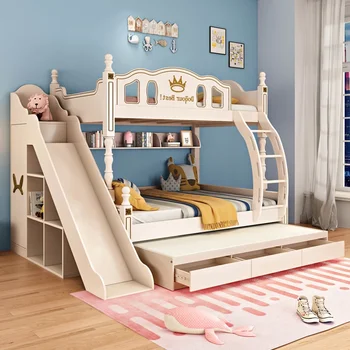 двухъярусные американские кровати для матери и ребенка из массива дерева, двухъярусные кровати для мальчиков, многофункциональные двухъярусные кровати Изображение