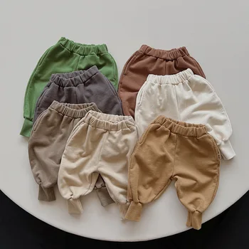 Детские брюки, повседневные брюки, свободные спортивные штаны из чистого хлопка для мальчиков, однотонные джинсы для девочек Изображение