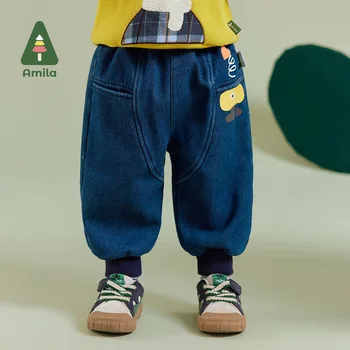 Джинсы для маленьких мальчиков Amila 2023, Новинка зимы, Джинсовая ткань с модным принтом, теплая и уютная   Детская одежда Изображение