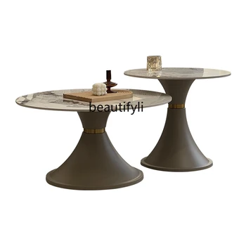 Дизайнерская модель Чайный столик на итальянской каменной плите, сочетание света, Роскошная Современная гостиная, домашний круглый чайный столик, простой Изображение