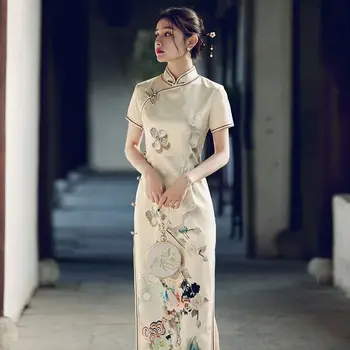 Длинное китайское платье Qipao для девочек, Современное Элегантное женское Традиционное платье Cheongsams Hanfu, Восточное Летнее Винтажное платье, Новое Китайское платье Изображение