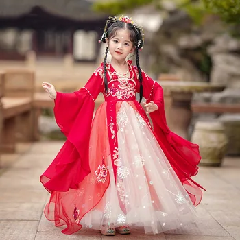 Древнекитайский костюм для девочек, традиционное платье феи династии Тан, Наряды Hanfu Для детей, элегантная одежда для выступлений Династии Хань Изображение