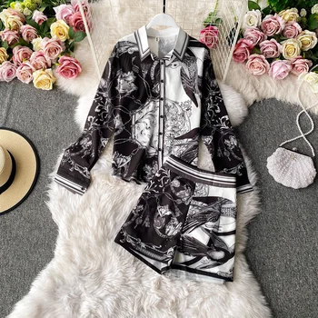Женская весенне-летняя винтажная уличная одежда, короткий комплект из двух предметов, Рубашка с длинным рукавом, топ + Шорты с высокой талией, Женские Элегантные костюмы Изображение