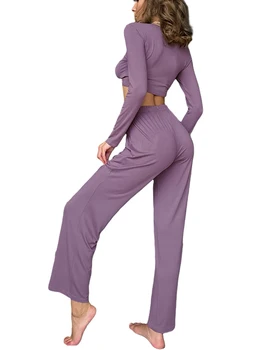 Женская летняя одежда из 2 предметов, комплект брюк, топы с длинным рукавом и V-образным вырезом на завязках, брюки, пижама, комплект одежды для отдыха Изображение