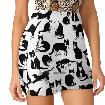 Женская мини-юбка с рисунком смокинга и кошек, двухслойные юбки с карманами, спортивные шорты для фитнеса и бега, Кошки, черно-белые кошки, Коты Изображение