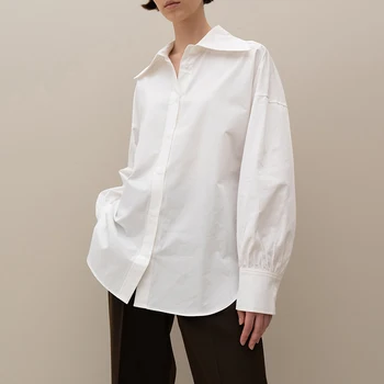 Женская рубашка из 100% хлопка, винтажные блузки с отложным воротником и длинными рукавами-фонариками, Корейская модная рубашка оверсайз в стиле пэчворк Изображение