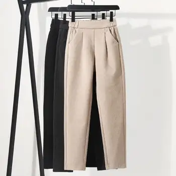 Женские брюки с карманами, брюки с эластичной резинкой на талии, женские шерстяные шаровары с высокой резинкой на талии, однотонные офисные брюки для путешествий Изображение