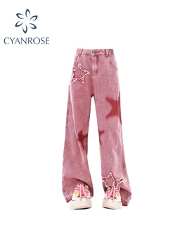 Женские красные джинсовые брюки с завышенной талией в виде звезды, Корейские Джинсовые брюки Y2k 90-х, большие размеры, широкие мешковатые джинсовые брюки 2000-х, Винтажная одежда в стиле панк Изображение