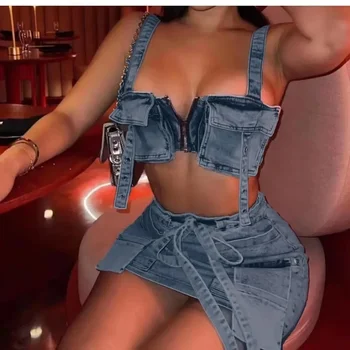 Женский джинсовый комплект из 2 предметов в стиле пэчворк с 3D карманами, топы без бретелек на молнии для горячих девушек, юбка на шнуровке с высокой талией, трендовая уличная одежда Изображение