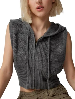 Женский жилет из рубчатого трикотажа Y2k, свитер без рукавов на молнии с капюшоном, укороченные топы на бретелях, жилет для выхода, уличная одежда Изображение