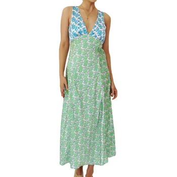 Женское богемное платье Миди для вечеринки, летняя одежда с глубоким V-образным вырезом, без рукавов, с открытой спиной, цветочное платье, сексуальная клубная уличная одежда Изображение