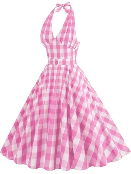 Женское розовое платье в клетку Винтажное розовое платье в клетку 1950-х годов, коктейльная вечеринка, платье-качели трапециевидной формы, праздничная вечеринка, свадебное платье Изображение