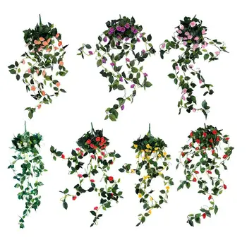 Имитация роз, искусственные подвесные цветы С зелеными листьями, Розовая лоза, подвесные растения, Гирлянда из розовой лозы для вечеринки Изображение