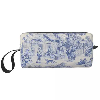 Классическая французская сумка для макияжа с рисунком Toile De Jouy темно-синего цвета, женский косметический органайзер для путешествий, милые сумки для хранения туалетных принадлежностей Изображение