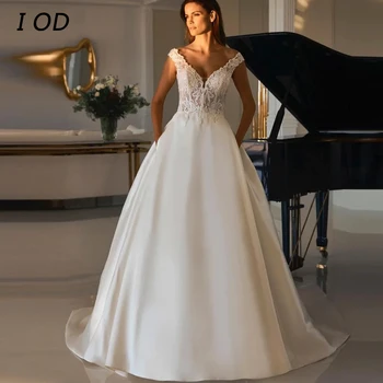 Классическое Свадебное платье I OD С V-образным вырезом, Открытыми Плечами, Кружевными Аппликациями, Открытой спиной, Длиной до пола, Атласное Свадебное Бальное платье Vestidos De Novia Изображение