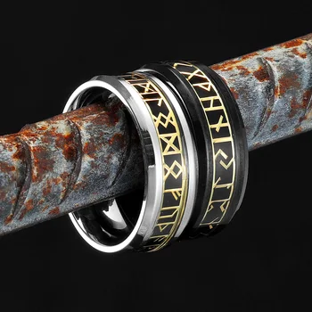 Кольцо с рунами викингов, мужские кольца из нержавеющей стали, позолоченный панк-рок, модные украшения для бойфренда, байкера, Креативный подарок Оптом Изображение