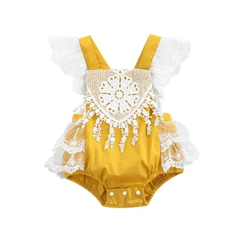 Комбинезоны для новорожденных девочек без рукавов, кружевные, в стиле пэчворк, милые желтые комбинезоны без рукавов, праздничная повседневная одежда Изображение