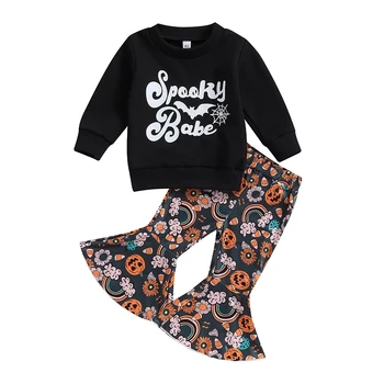 Комплект брюк для девочек Caoirhny Kid, толстовка с буквенным принтом и расклешенными брюками с принтом радужной тыквы, одежда для Хэллоуина Изображение