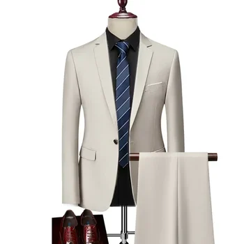 Комплект костюмов из 2 предметов, Блейзеры, куртка, брюки/2023, Новая мода, мужской повседневный бутик, деловое клетчатое приталенное платье, вечернее пальто, брюки Изображение
