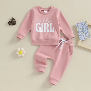 Комплект одежды из 2 предметов для малышей, повседневная толстовка с буквенным принтом с длинным рукавом и круглым вырезом для девочки и брюки с эластичной резинкой на талии Изображение