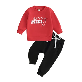 Комплект штанов для новорожденных, Рождественская толстовка с буквенным принтом для маленьких мальчиков и девочек, штаны с эластичной резинкой на талии, наряды, детские штаны, костюмы Изображение