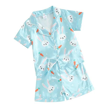 Комплекты пасхальных пижам для мальчиков, рубашка с короткими рукавами и эластичными шортами на пуговицах с милым кроликом, одежда для отдыха, пижамы Изображение