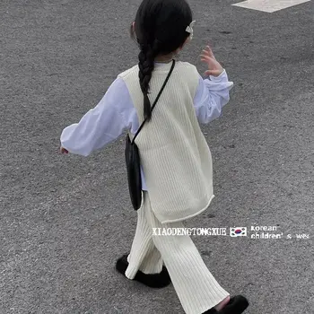 Костюм для девочек, Корейская детская одежда, модный костюм для девочек 2024 года, вязаный жилет, однотонные широкие брюки, комплект из двух предметов для малышей Изображение