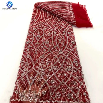 Кружевная ткань Tim China Big Red в африканском стиле с 3D пайетками, высококачественная французская сетчатая вышивка, роскошная кружевная ткань из тяжелого бисера для женщин Изображение