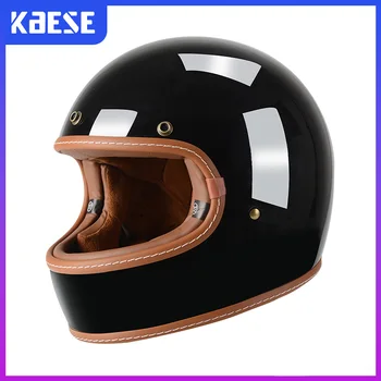 Легкий полнолицевый шлем из стекловолокна, мотоциклетный шлем Four Seasons, защитная кепка из стекловолокна в стиле ретро для мужчин, круизный шлем для скутеров Изображение