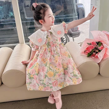Летнее платье с цветочным Рисунком Для девочек, Детская Одежда с воротником 
